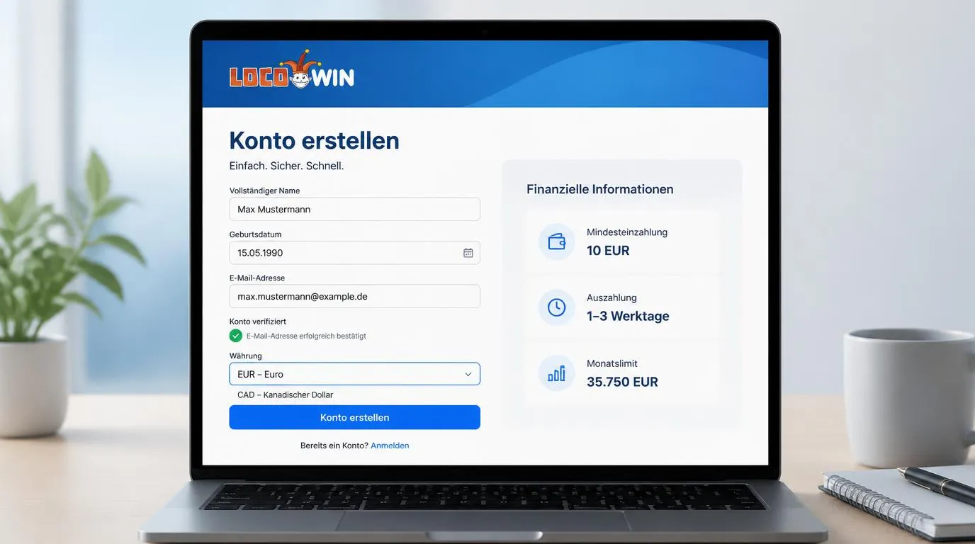 Registrierungsformular mit Kontowährung EUR, Mindesteinzahlung und Hinweis zur Kontoverifizierung