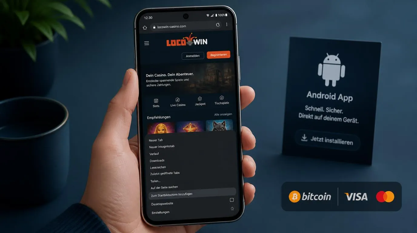 Smartphone mit Casino-Startbildschirm, Download-Hinweis und Auswahl für mobile Zahlungsmethoden