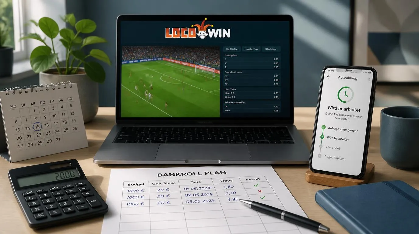 Sportwetten-Plan mit Budgetnotizen, Einsatzgrößen und Fußballspiel auf einem Laptop