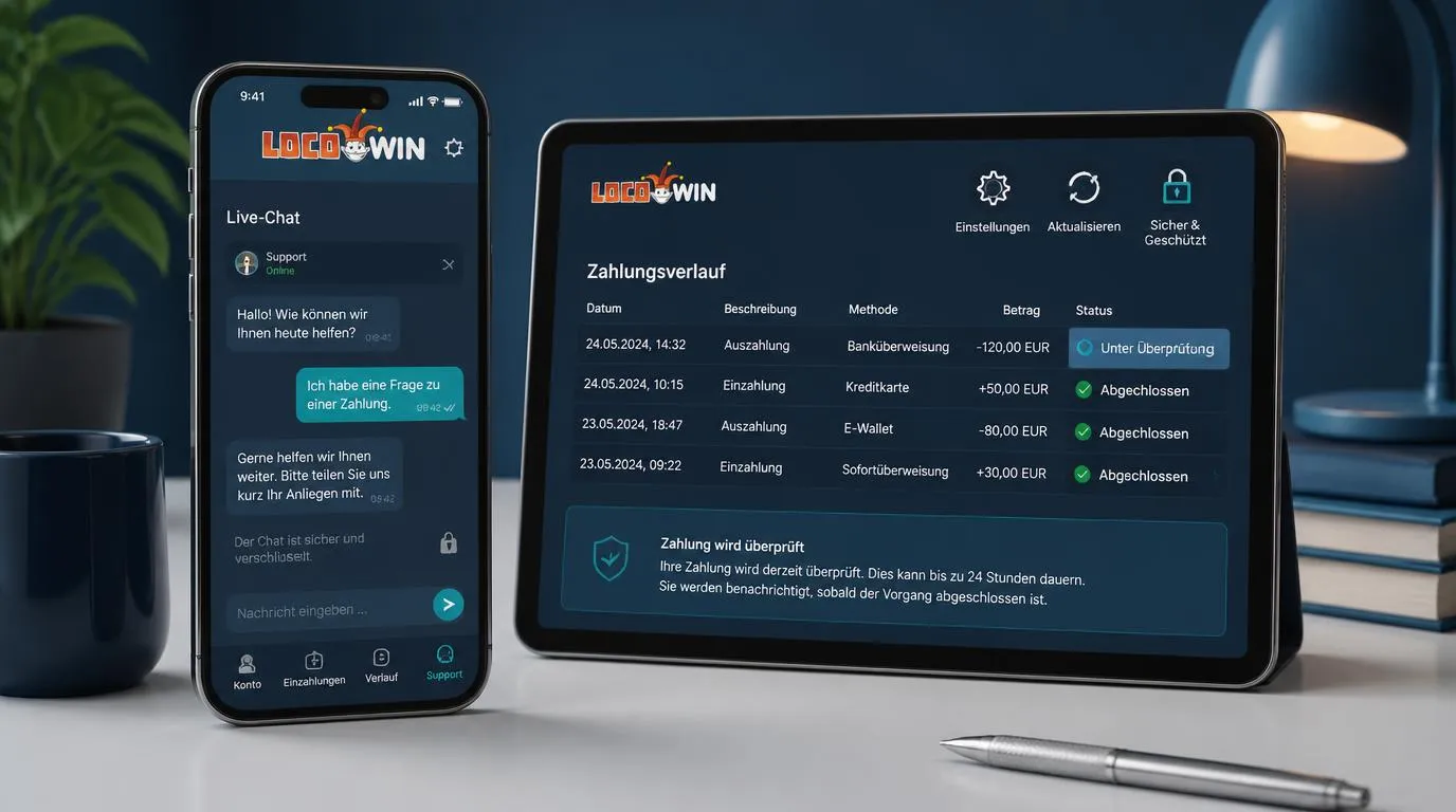 Smartphone mit Casino-App, Live-Chat-Fenster und Anzeige für eine überprüfte Zahlung