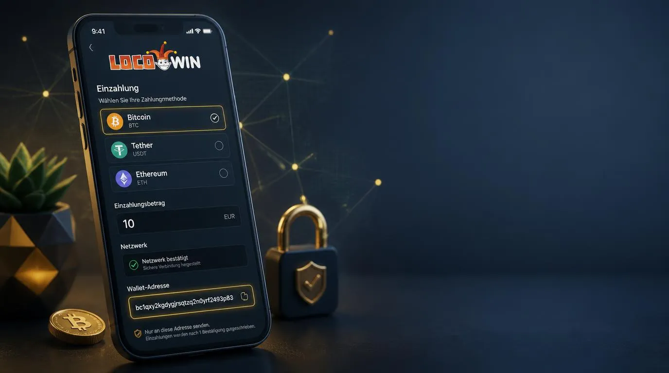 Smartphone mit Krypto-Wallet und Bitcoin-, Tether- sowie Ethereum-Auswahl für eine Casino-Einzahlung