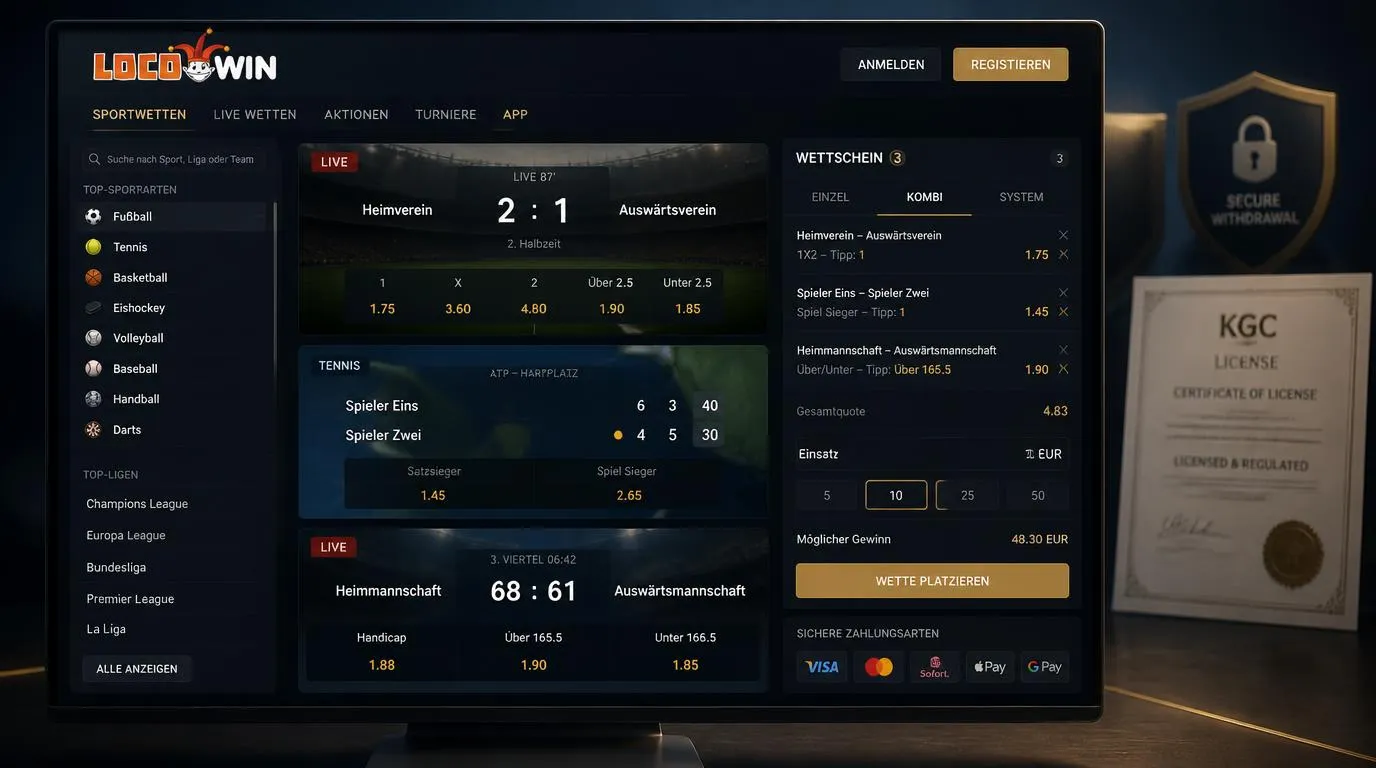 Digitaler Wettschein mit Live-Quoten für Fußball, Tennis und Basketball sowie Einsatzfeld in Euro