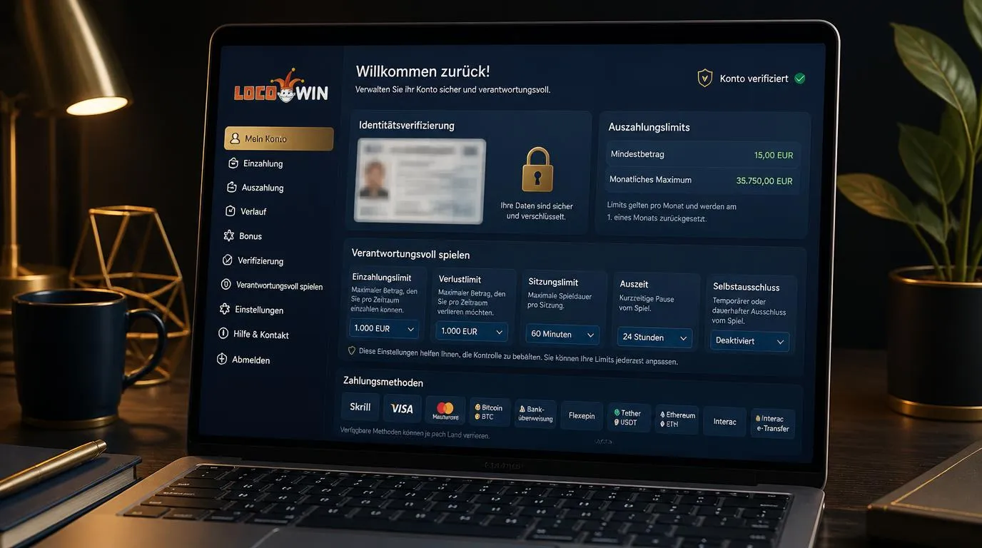 Sicheres Casino-Konto mit Dokumentenprüfung, Datenschutzsymbol und einstellbaren Einzahlungslimits