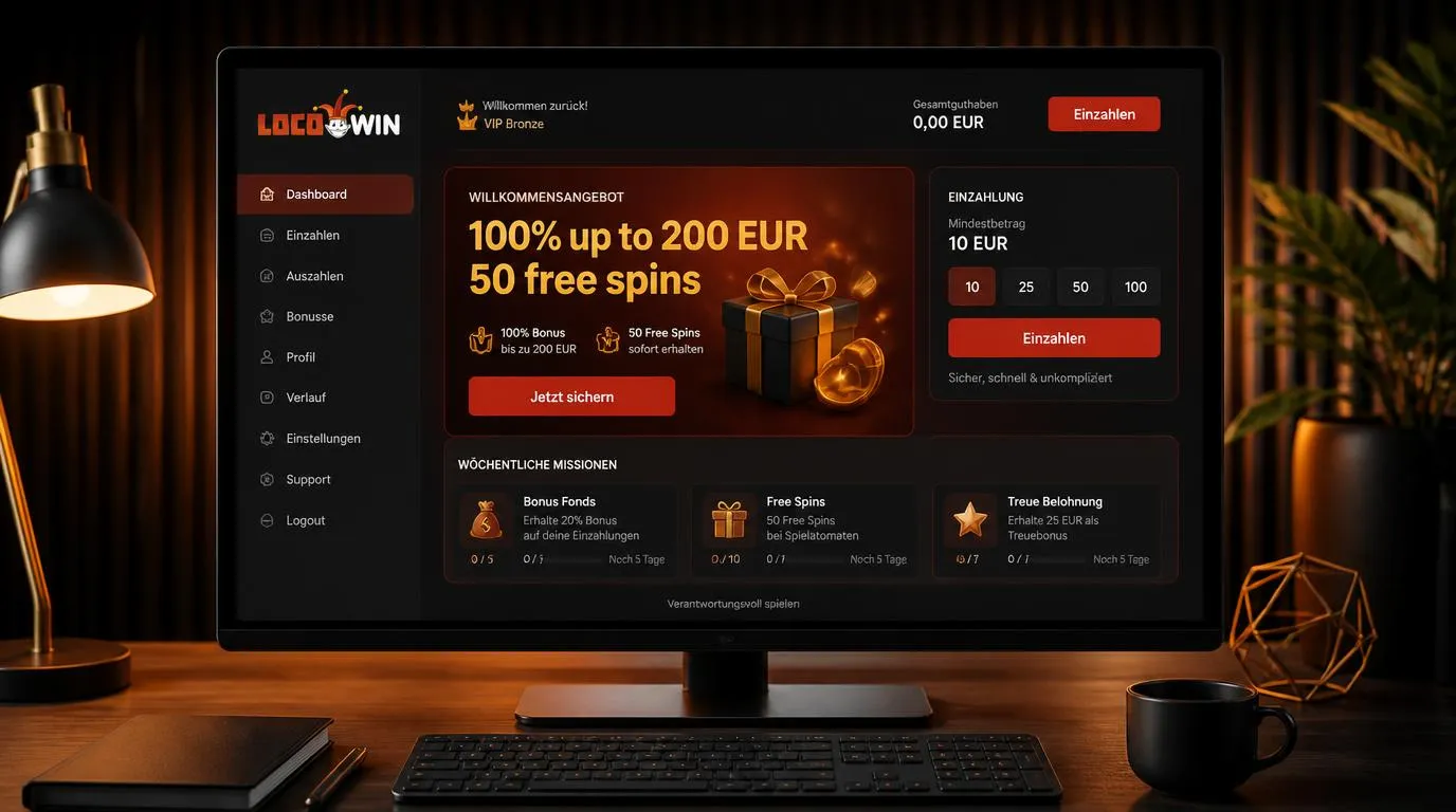 Casino-Bonusbereich mit 100-Prozent-Einzahlungsbonus, Freispielen und Mindestbetrag von 10 Euro