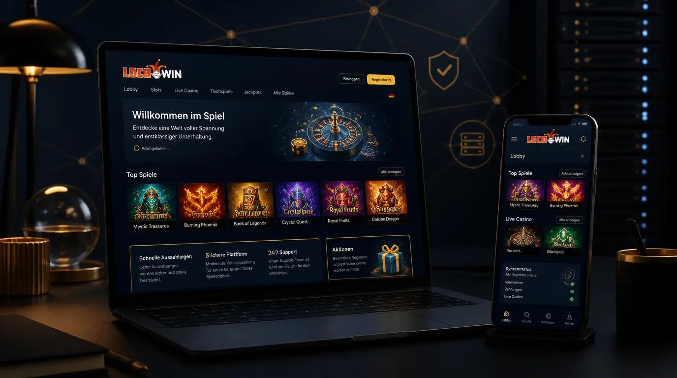Moderne Casino-Plattform auf Laptop und Smartphone mit übersichtlicher Spielauswahl und stabiler Technik