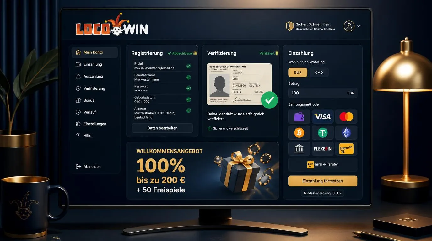 Casino-Kontoregistrierung mit Ausweisprüfung, Zahlungsarten und erster Einzahlung in Euro