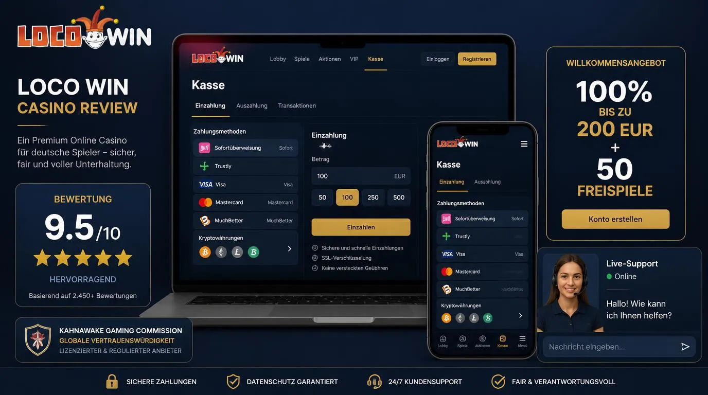 Casino-Kasse mit Willkommensangebot, Lizenzhinweis und positiver Gesamtbewertung für deutsche Spieler