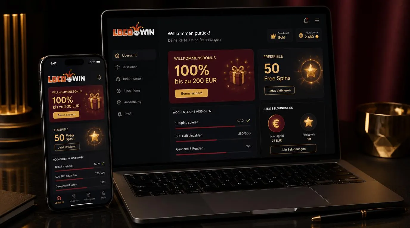 Casino-Bonusbereich mit Willkommensangebot, Freispielen und wöchentlichen Missionen auf Smartphone und Laptop