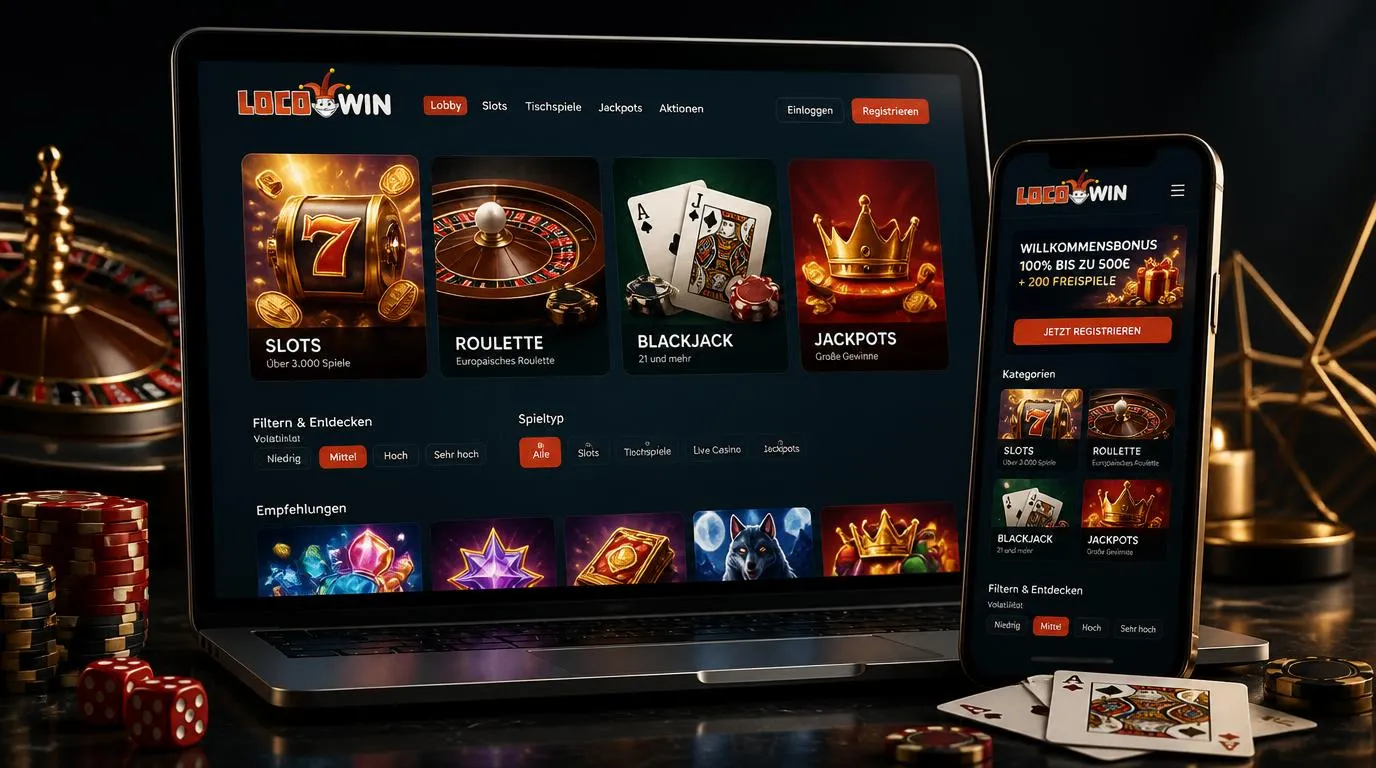 Casino-Lobby auf Laptop und Smartphone mit Slots, Roulette, Blackjack und Kategorien für verschiedene Spielarten