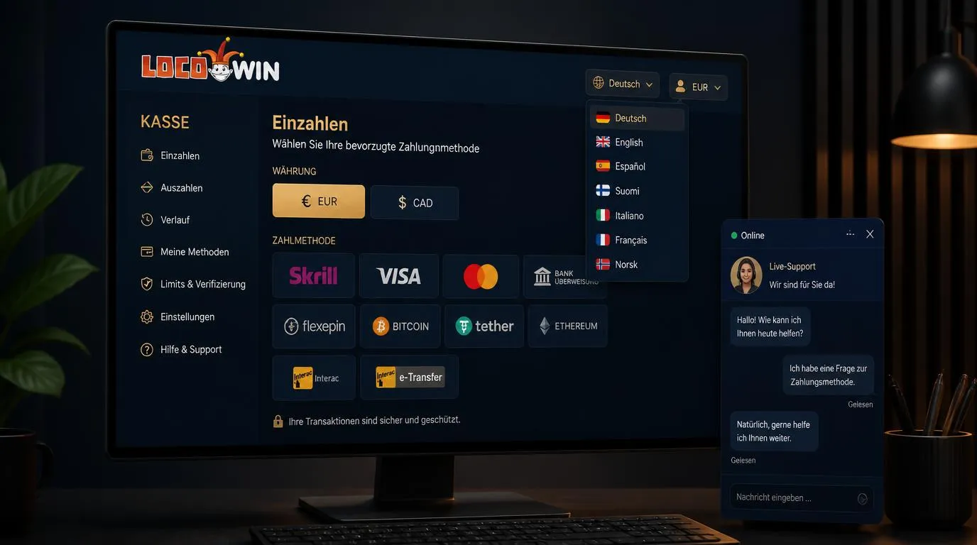 Casino-Kassenbereich mit Sprachwahl, Euro-Guthaben, Zahlungsarten und aktivem Live-Chat